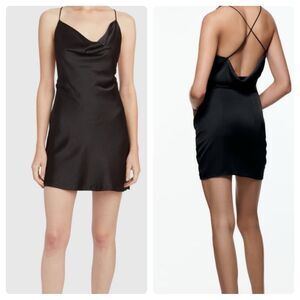 H&M black cowl neck cross drape back satin dress size medium